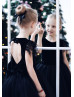Black Velvet Feather Keyhole Back Pretty Flower Girl Dress